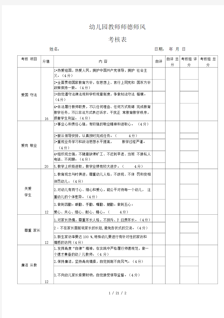 幼儿园教师师德师风考核表