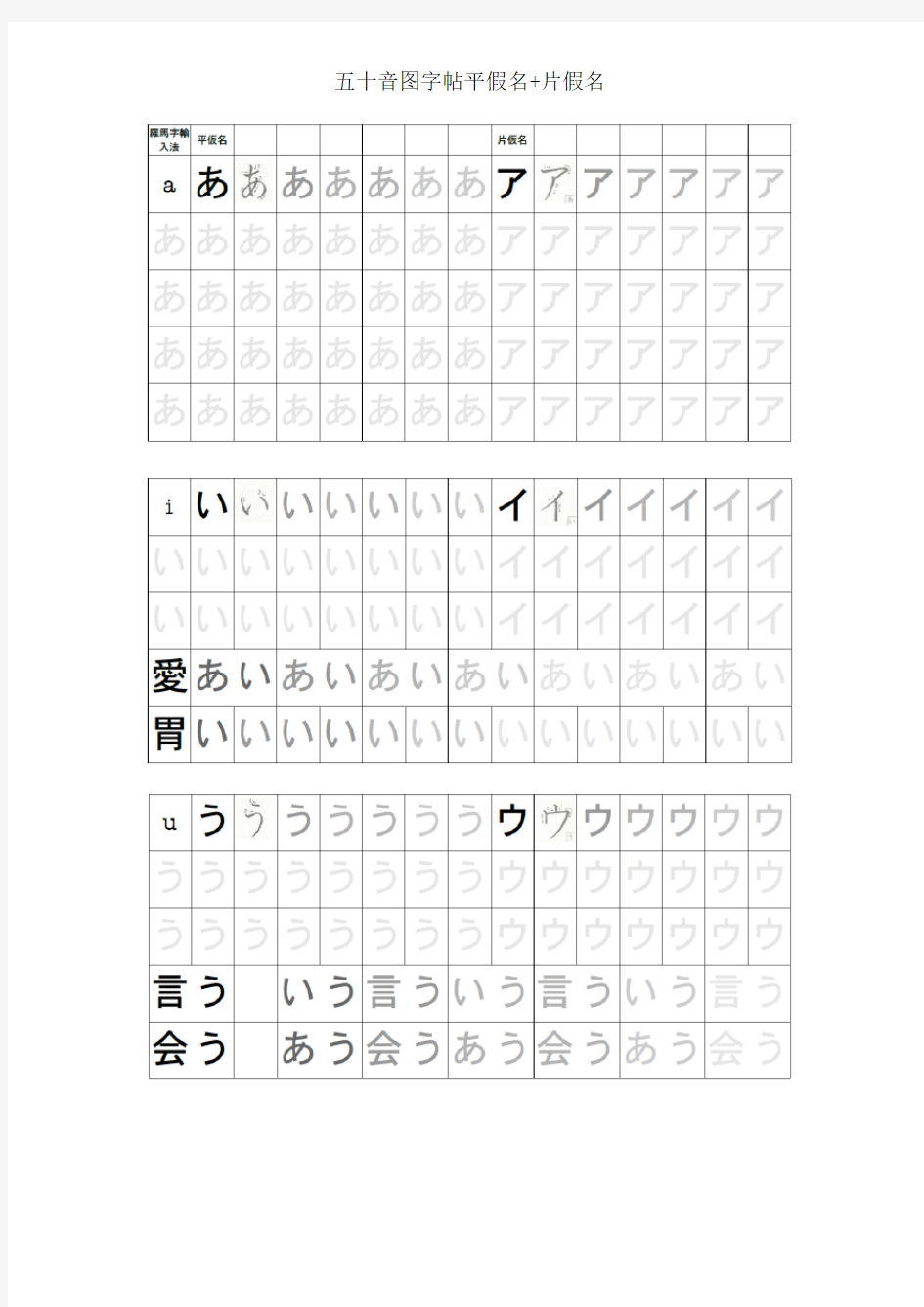 五十音图字帖平假名+片假名