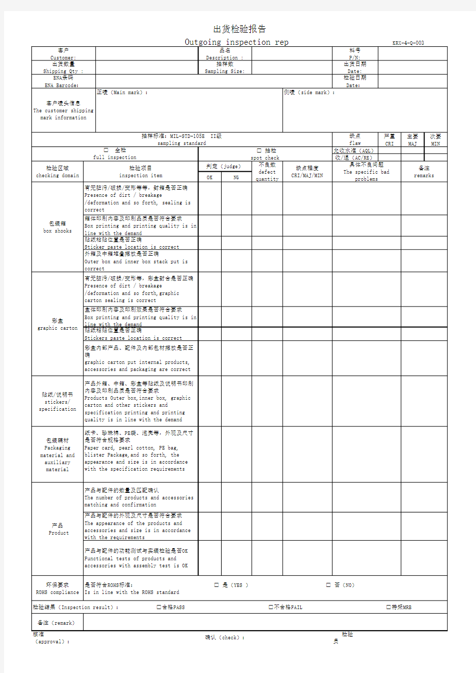 出货检验报告中英文模板