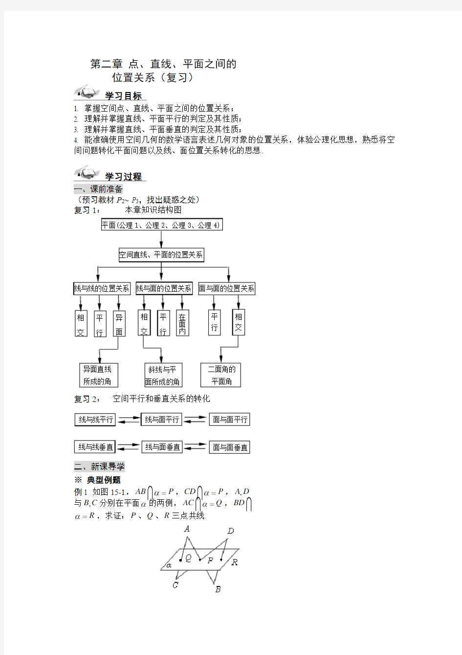 人教版高中数学必修2学案：第二章 点、直线、平面之间的 位置关系(复习) 