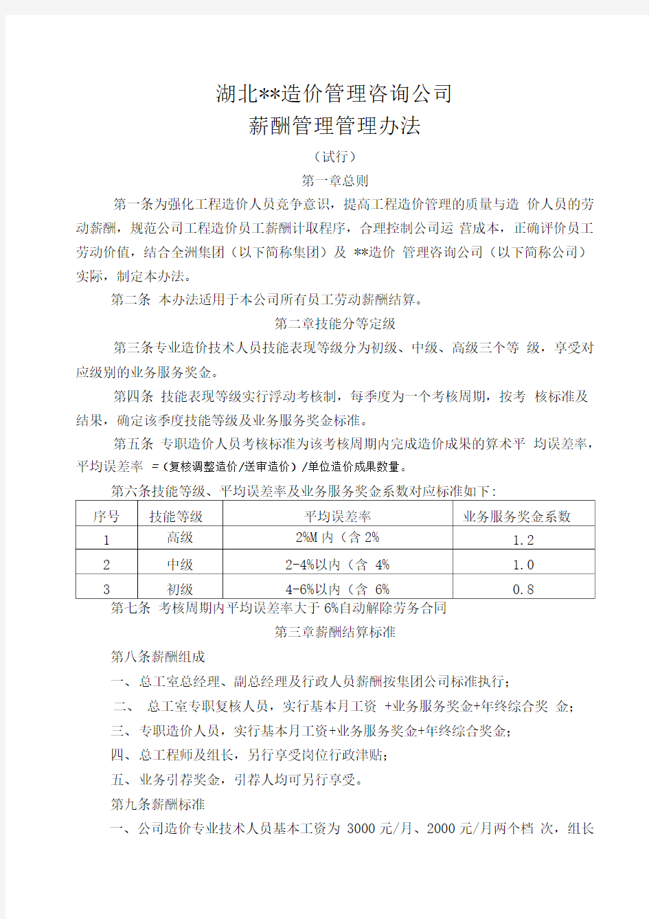 造价咨询公司薪酬管理办法