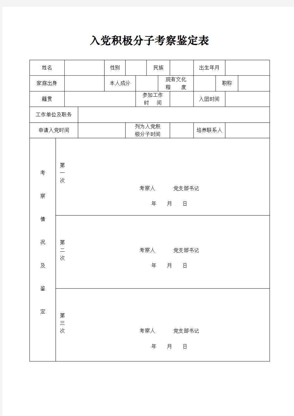 入党积极分子考察鉴定表