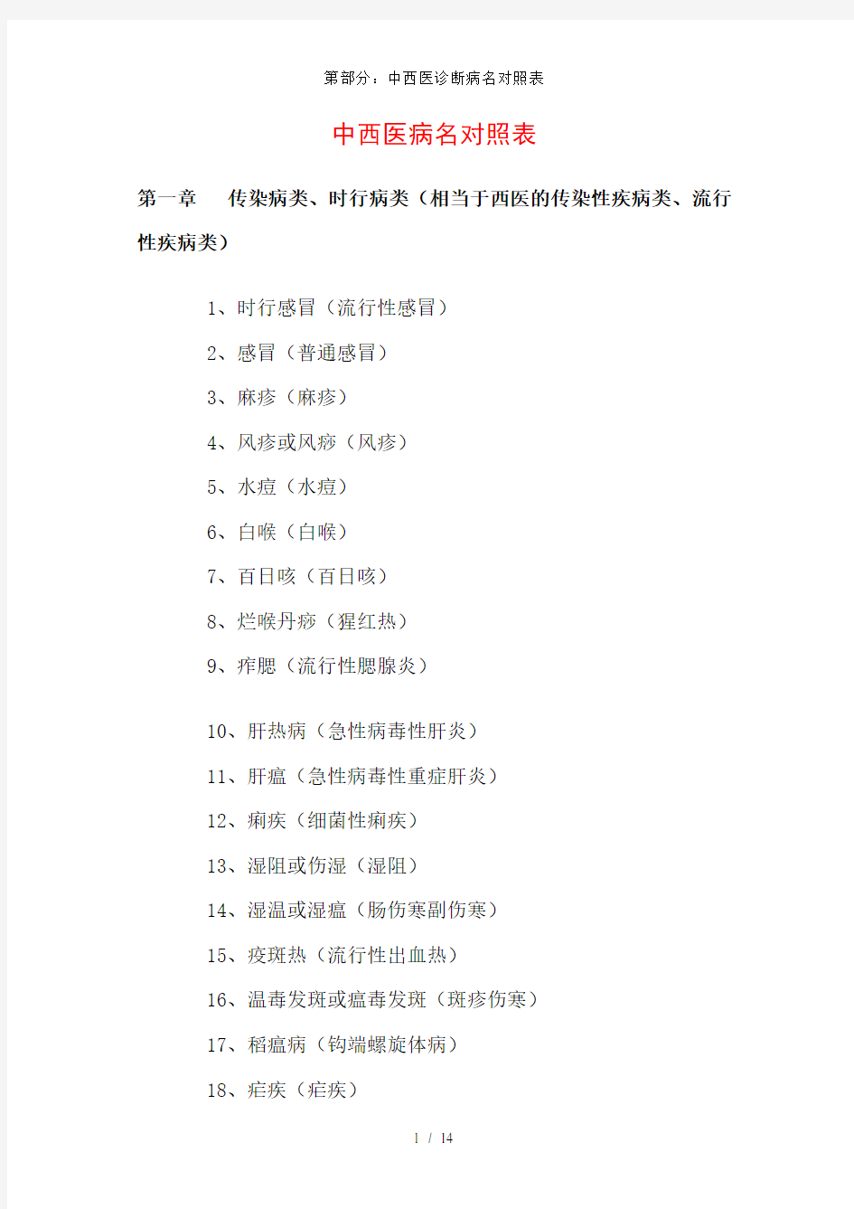 第部分：中西医诊断病名对照表
