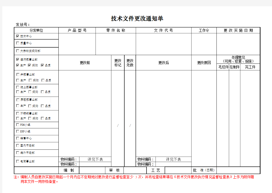 技术部门 技术文件更改通知单