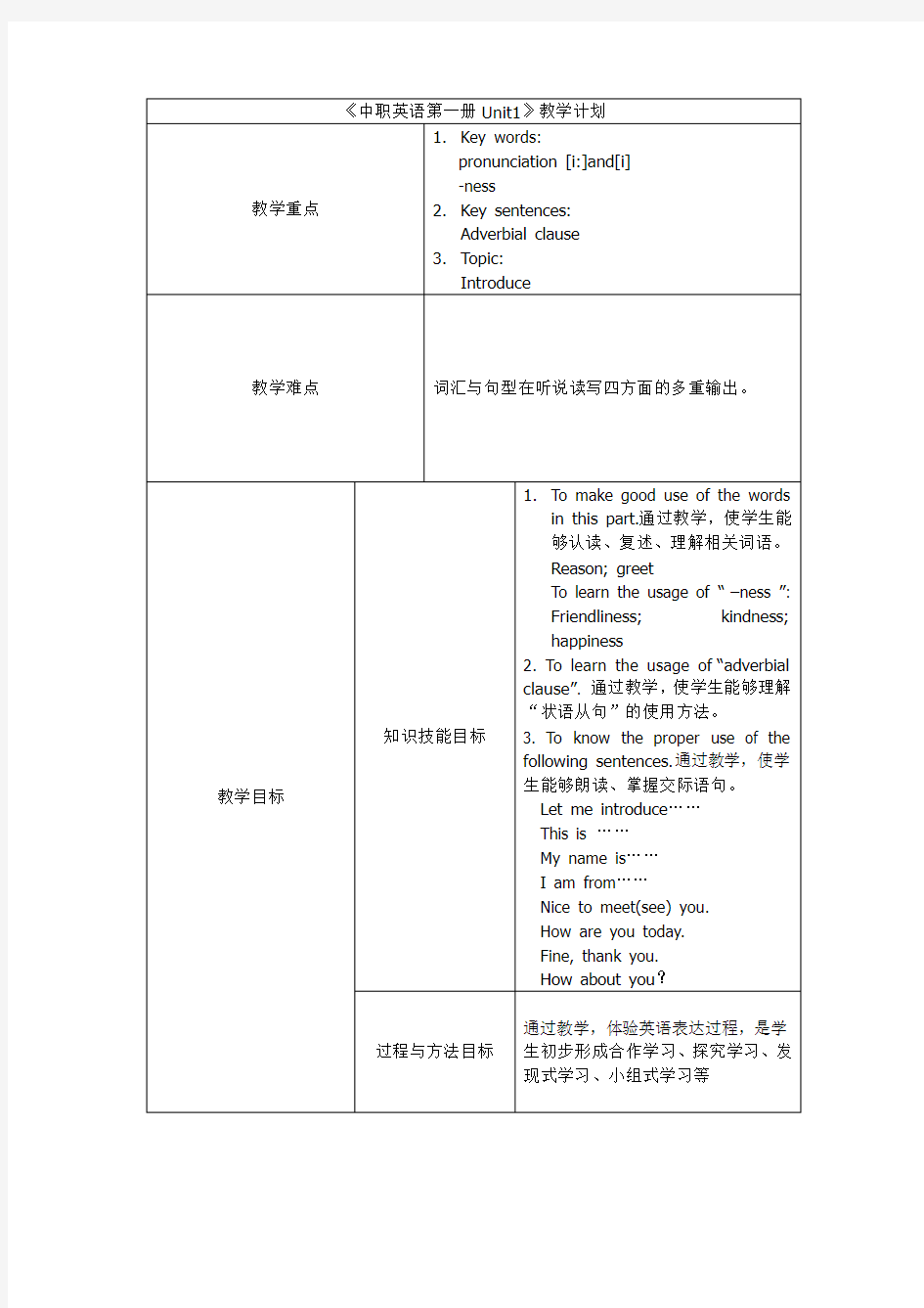 中职英语第一册Unit1 (教案)