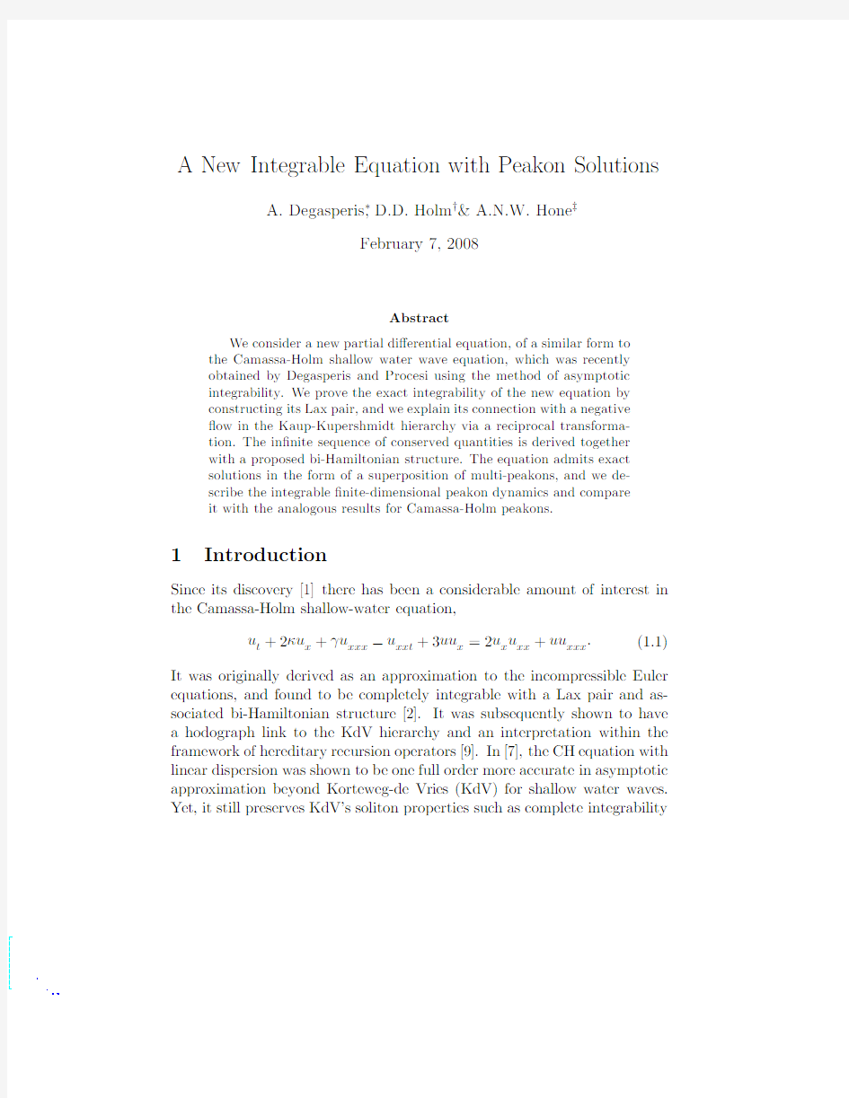 A New Integrable Equation with Peakon Solutions