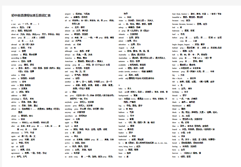 初中英语课程标准五级词汇表(打印版)