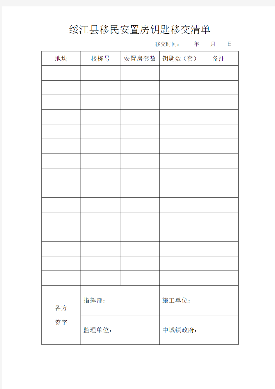 钥匙移交清单