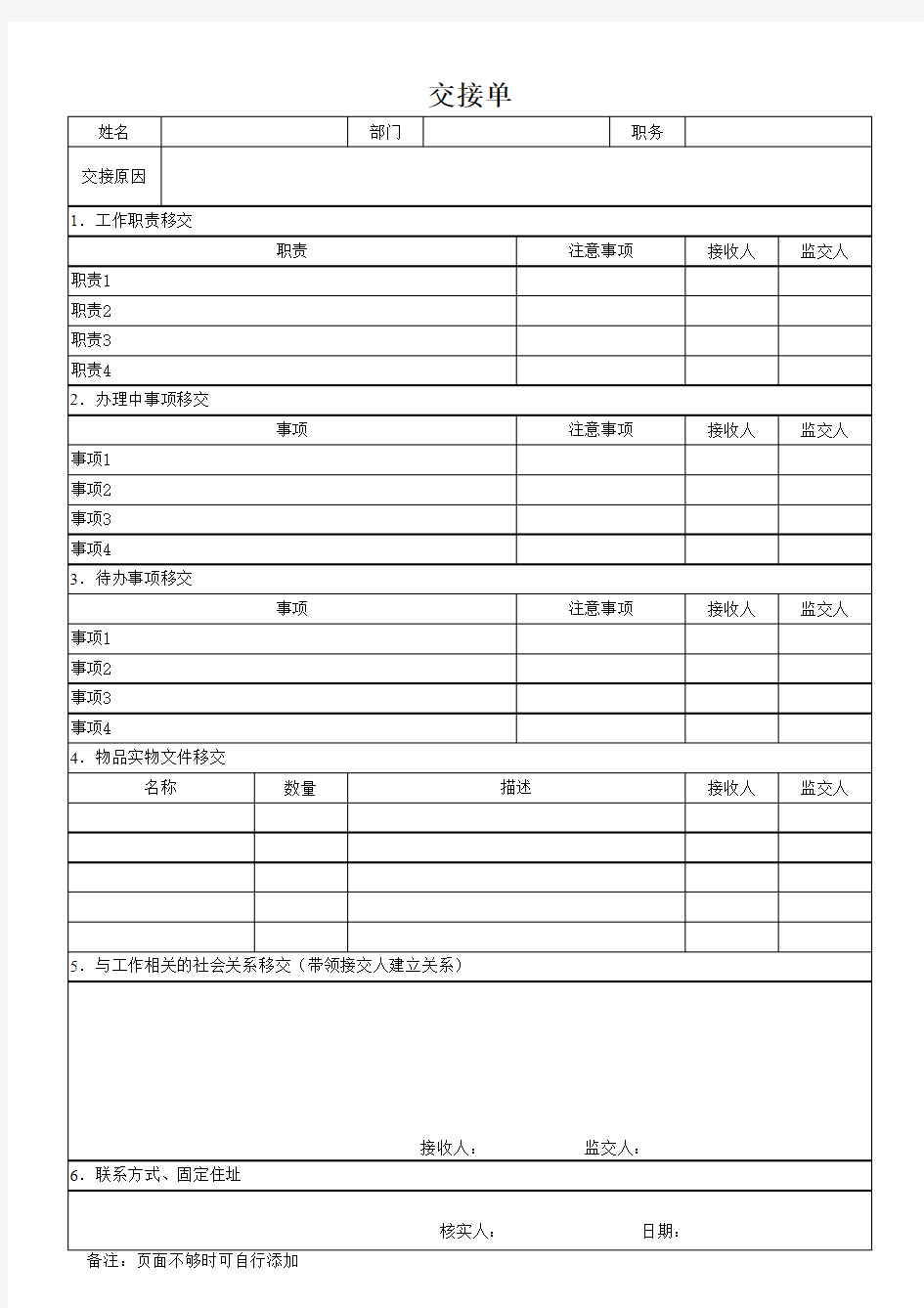 工作交接清单(可作为离职、调岗人员使用)