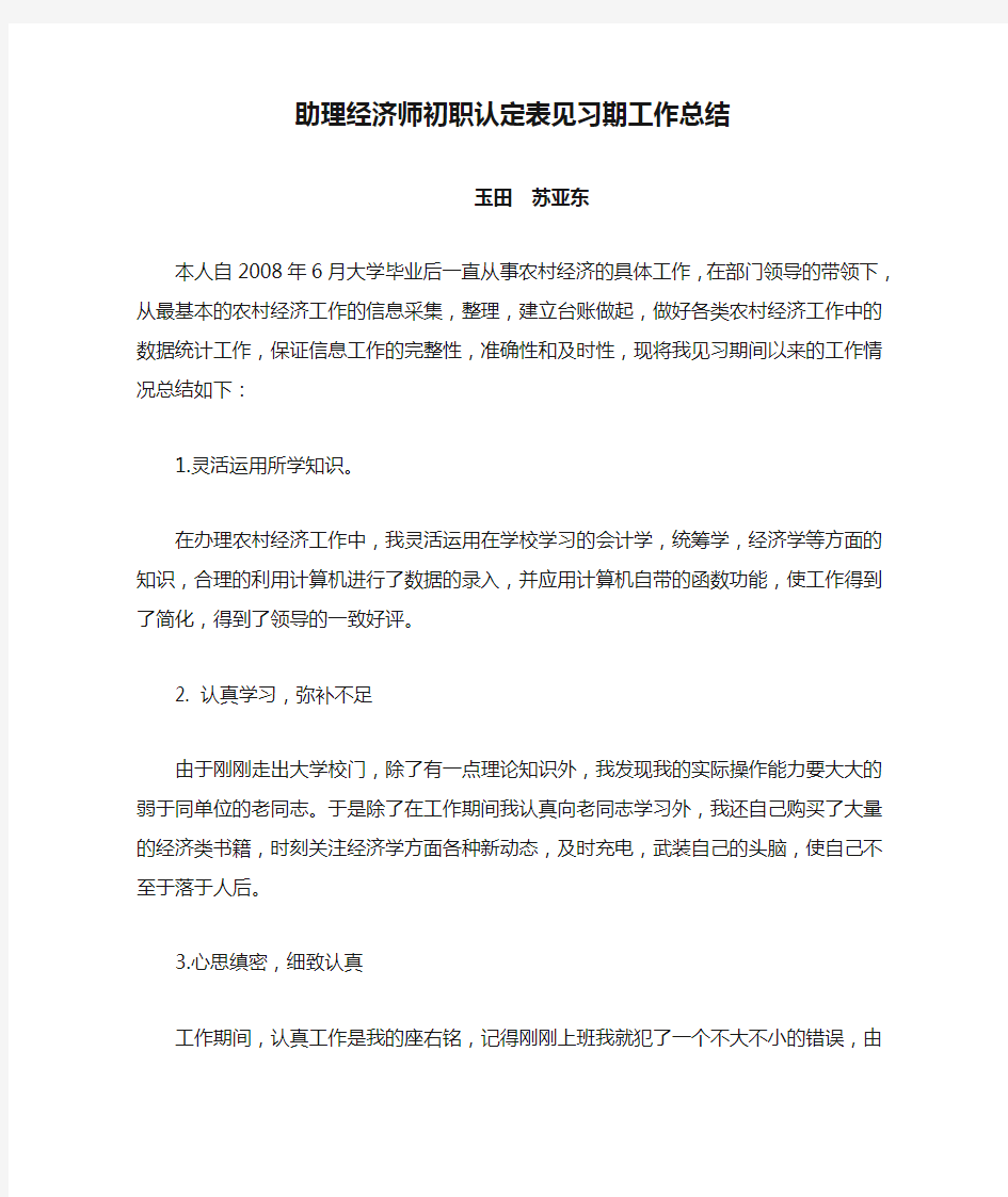 助理经济师初职认定表见习期工作总结