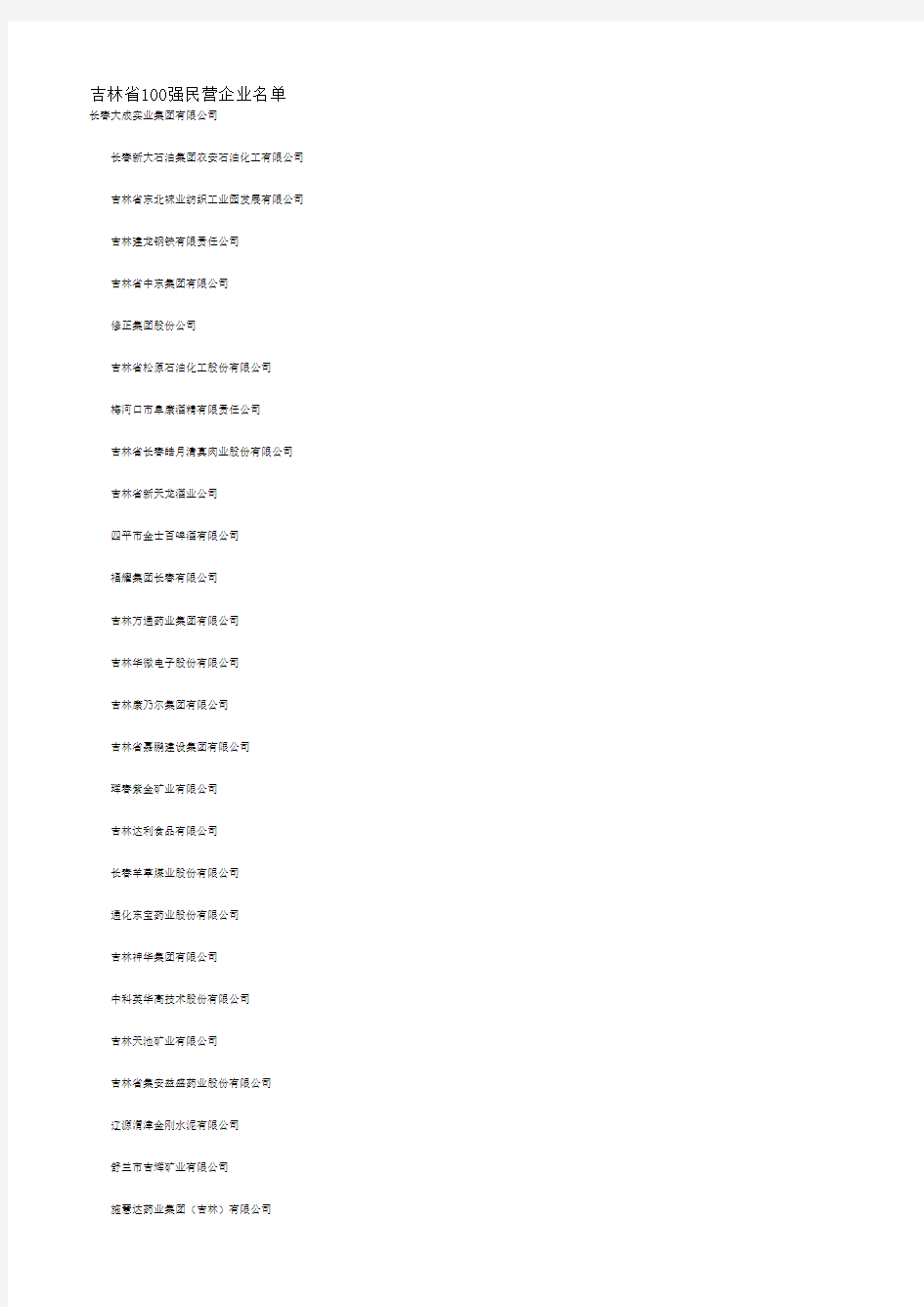 吉林省50-100强民营企业名单