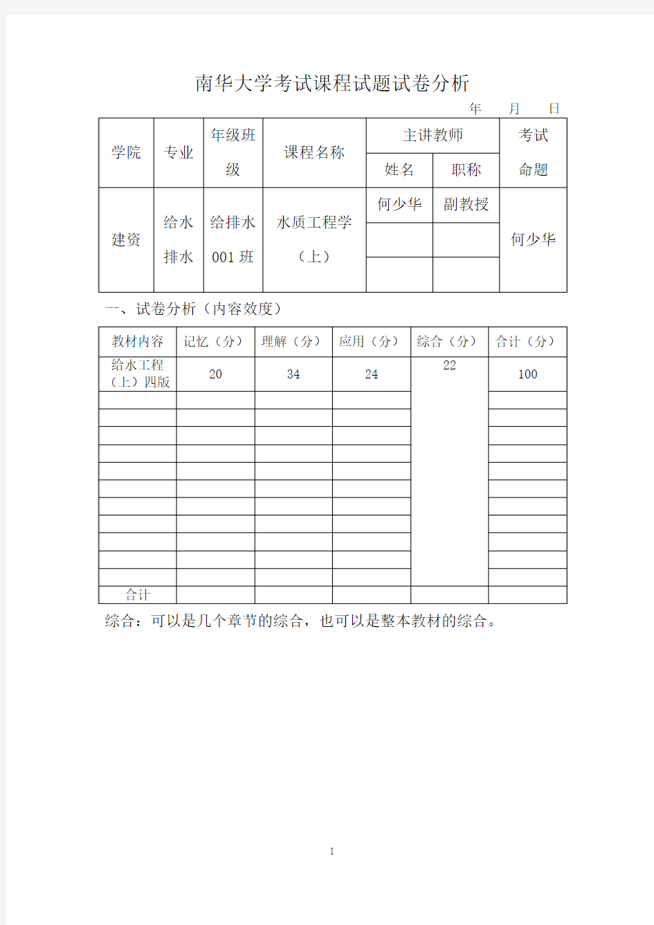 南华大学考试课程试题试卷分析