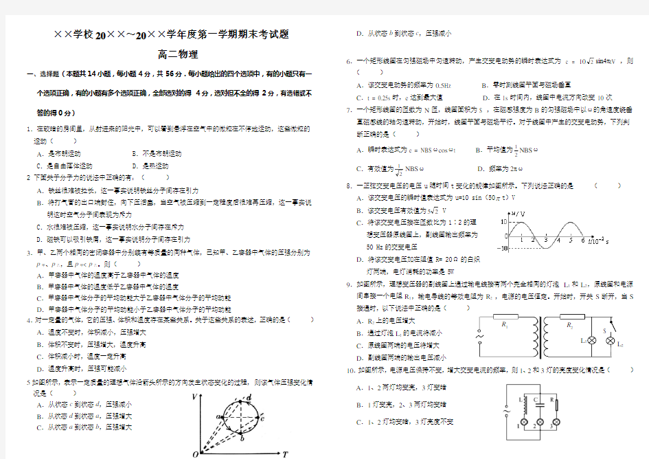 人教版高二物理上学期期末考试试题附答案