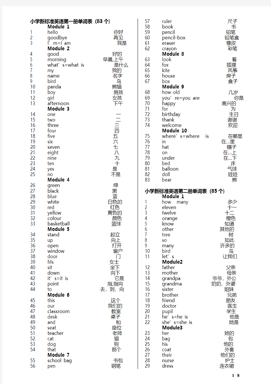 小学新标准英语第1-12册单词表(一年级起点)