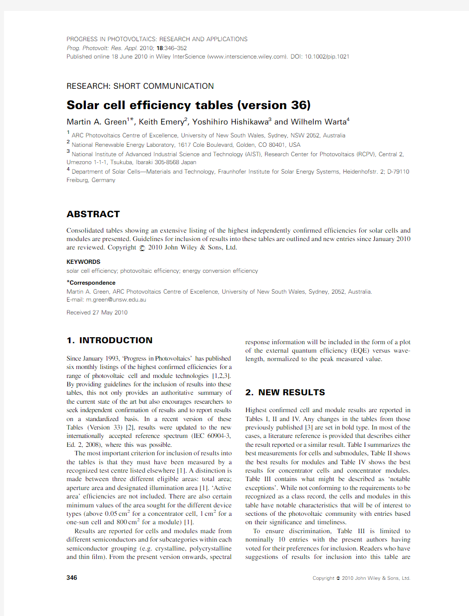 Solar cell efficiency tables (version 36)