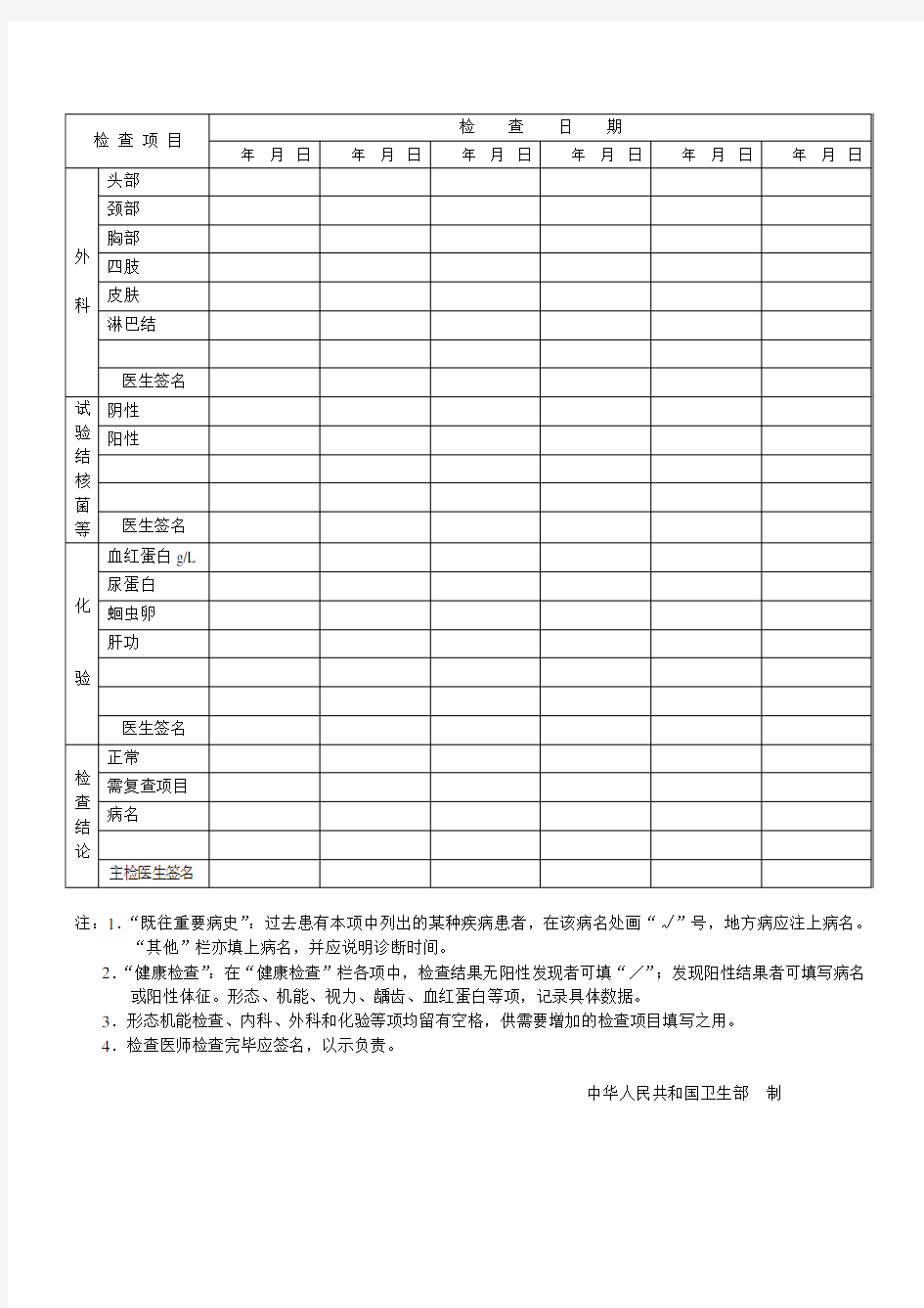 学生健康检查表(中华人民共和国预防性健康检查用表)