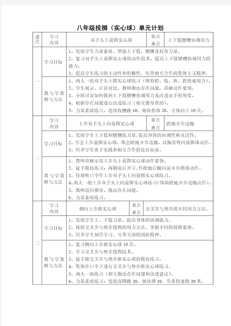 八年级投掷(实心球)单元教案