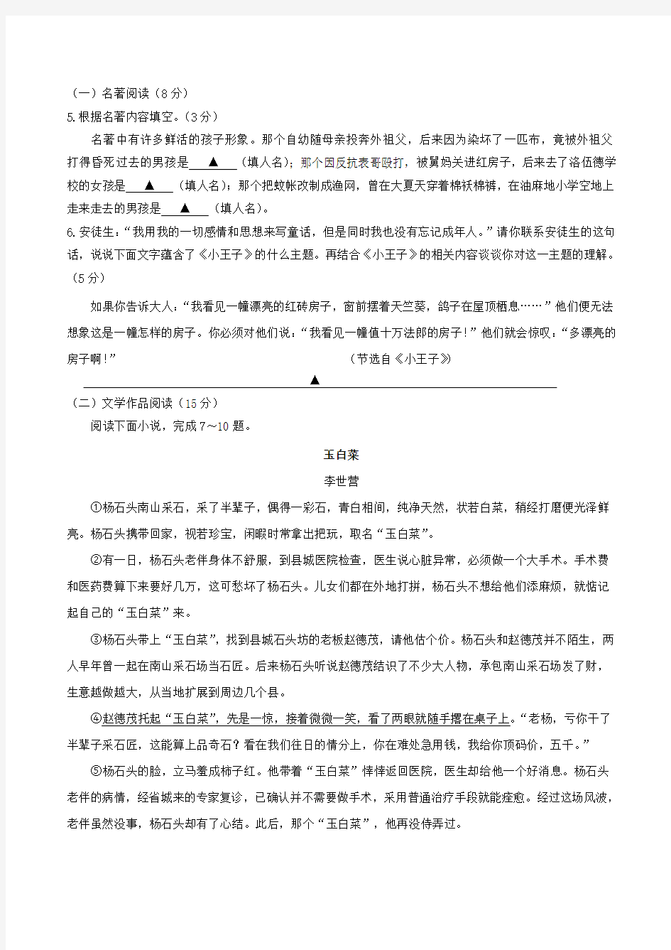 初中语文九年级中考测试试题(含答案)