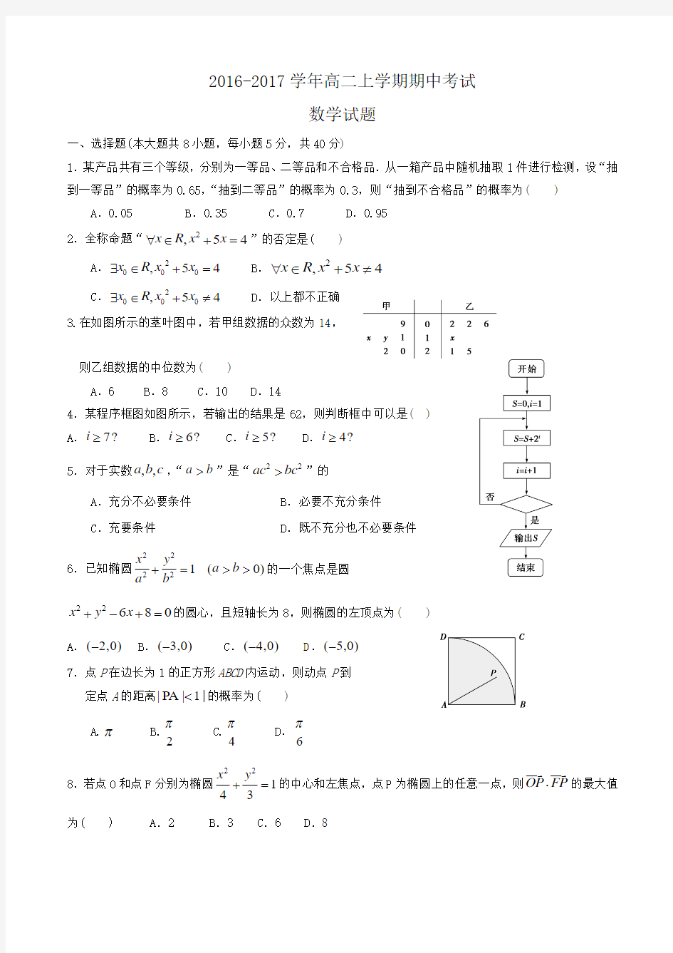 2016-2017学年高二上学期期中考试数学试题 Word版含答案