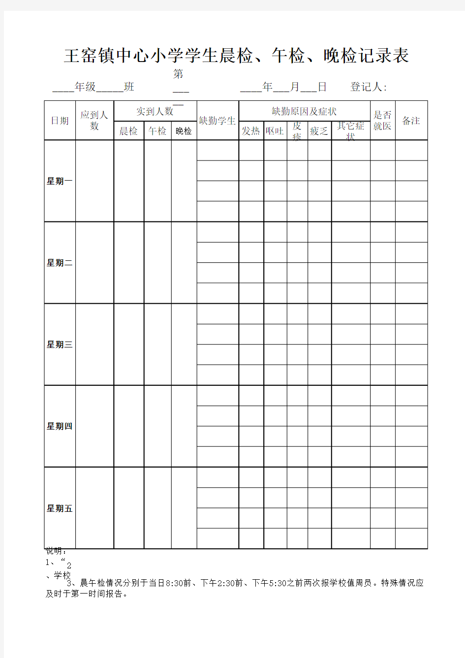 小学学生晨检午检记录表