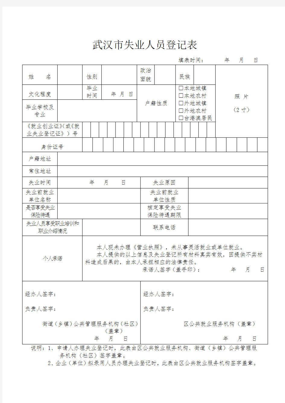 武汉市失业人员登记表