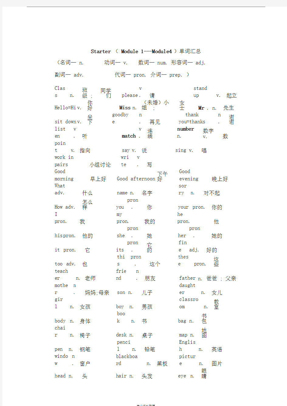 全套七年级英语上册预备1-4单词和知识汇总