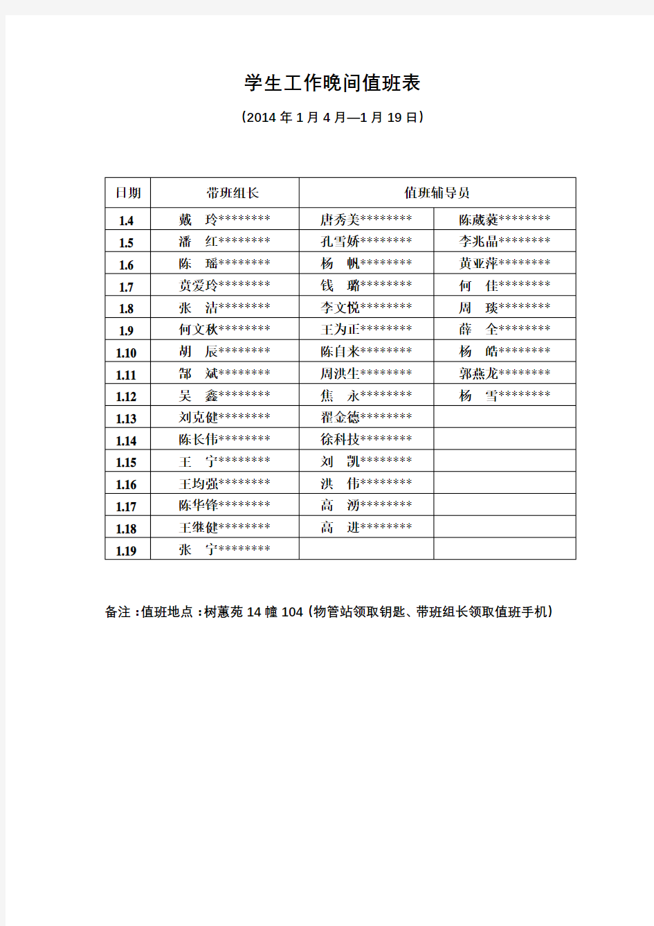 学生工作晚间值班表【模板】