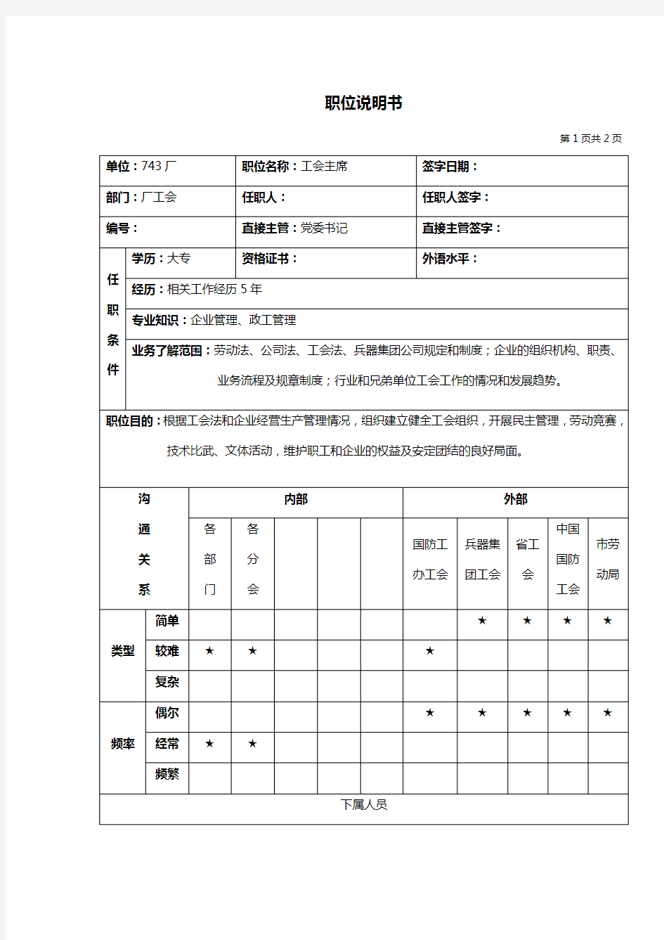 工会主席岗位职务说明书