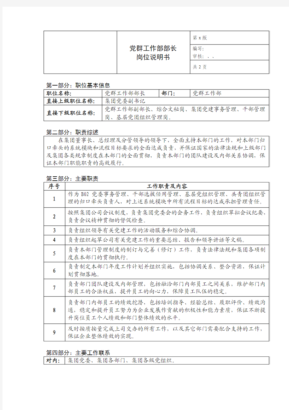 党群工作部部长岗位说明书-党群工作部工作职责