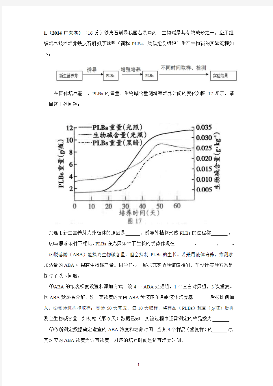 2010-2014植物组织培养高考题汇编(含详解)汇总