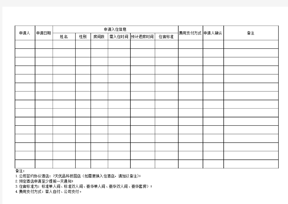 订酒店登记表