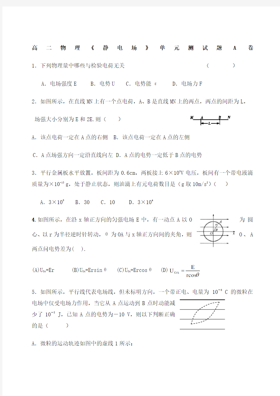 高二物理《静电场》单元测试题附答案