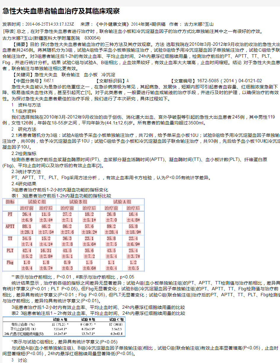 急性大失血患者输血治疗及其临床观察