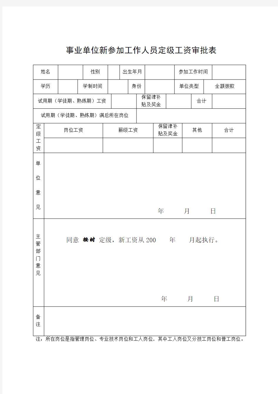 事业单位新参加工作人员定级工资审批表