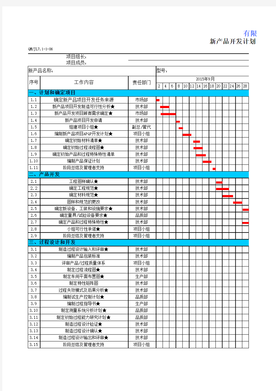 新产品开发计划 (APQP进度表)