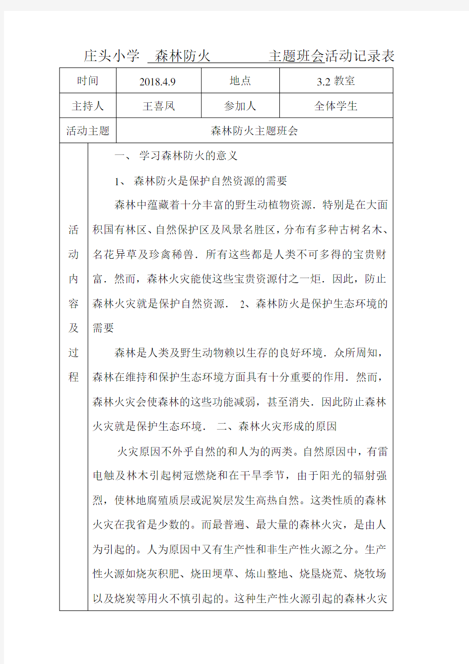 森林防火 主题班会活动记录表