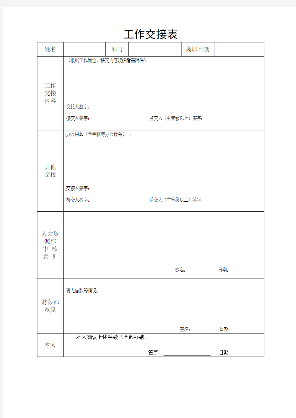 工作交接表和资料交接清单