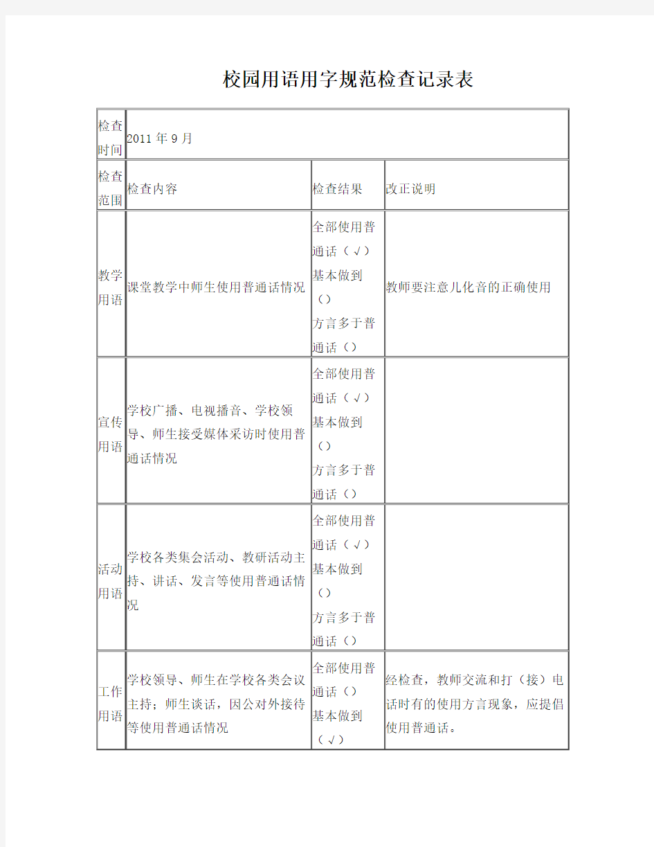 校园用语用字规范检查记录表