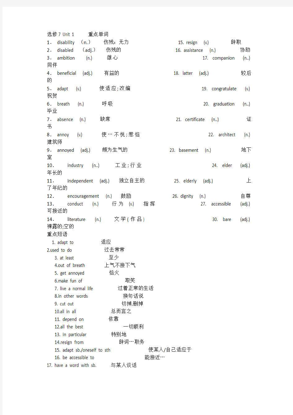 人教版高中英语选修7重点单词短语培训资料