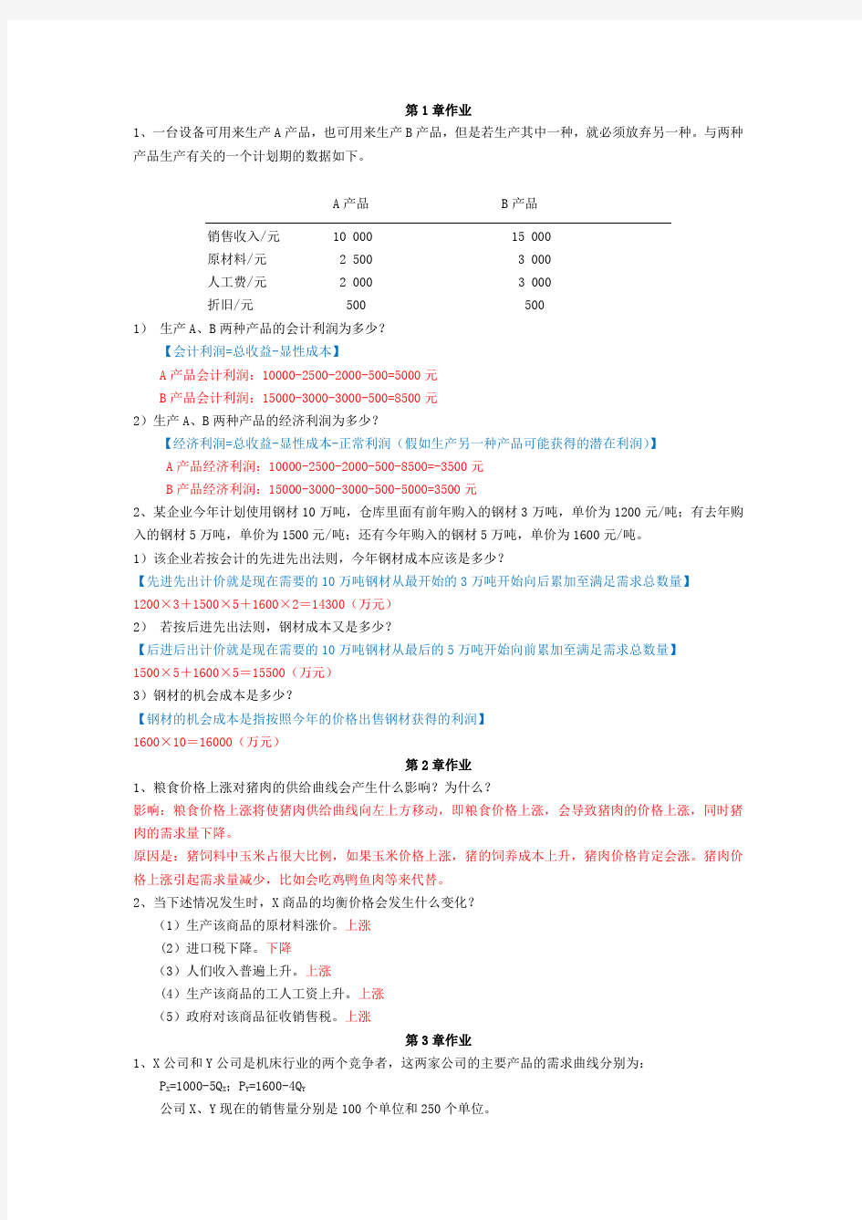 管理经济学作业答案汇总讲解学习