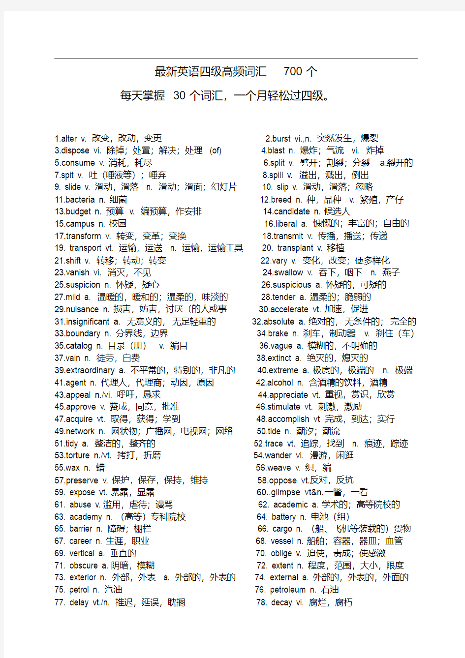 【强烈推荐】最新英语四级高频词汇700个