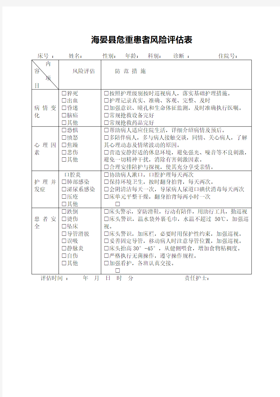 危重患者风险评估表