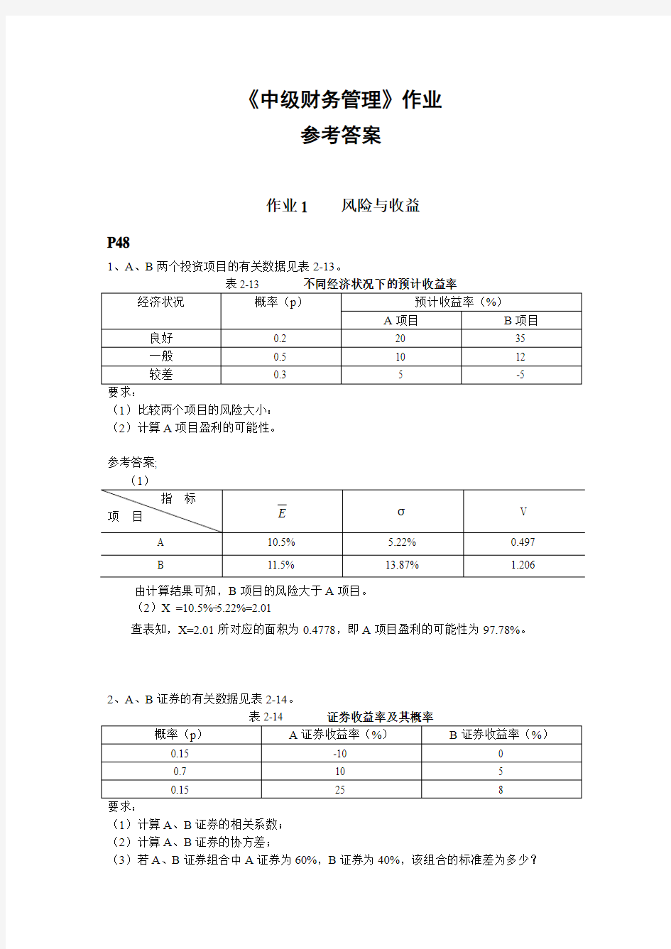 中级财务管理期末课后复习题参考答案