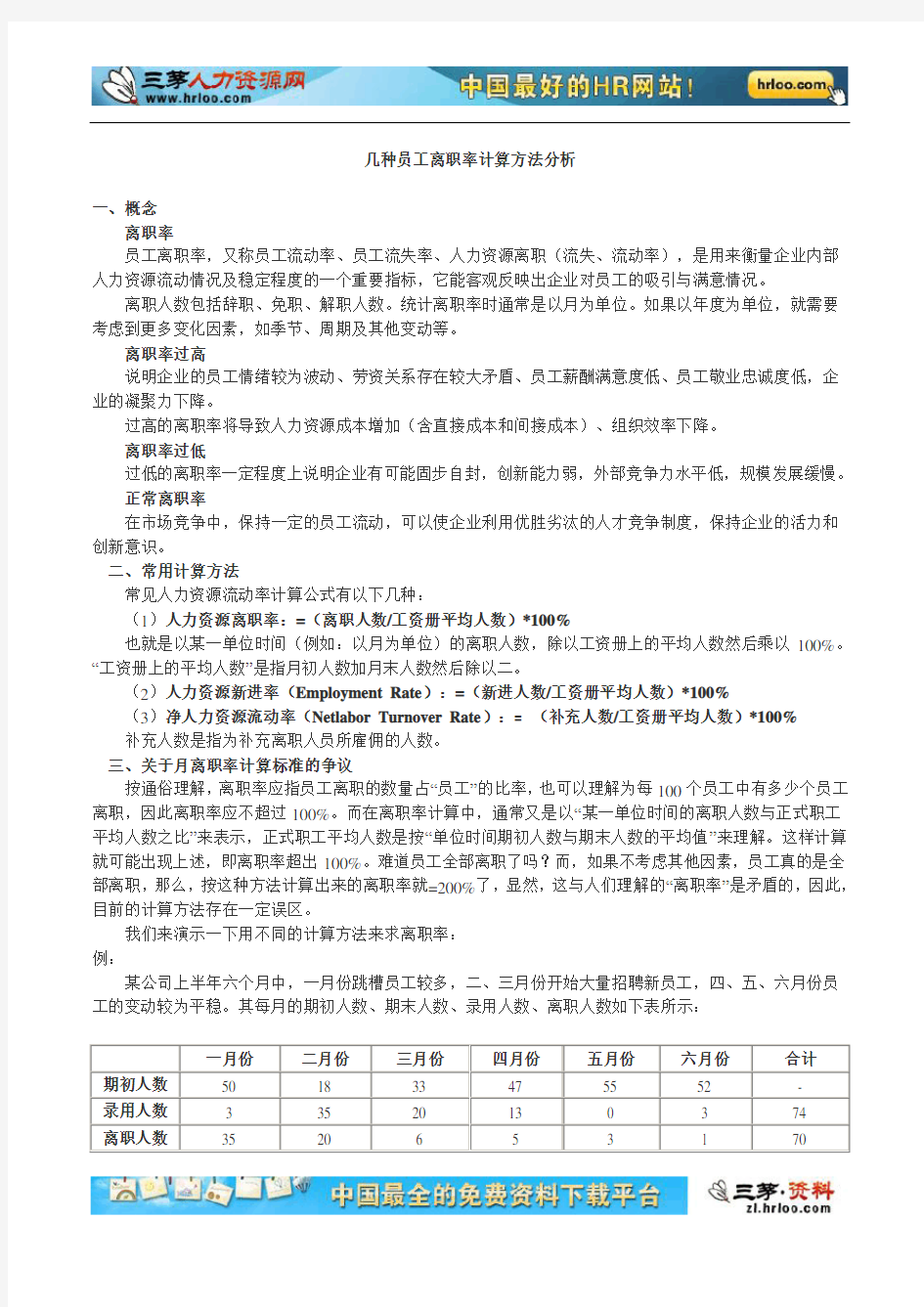 员工离职率计算方法