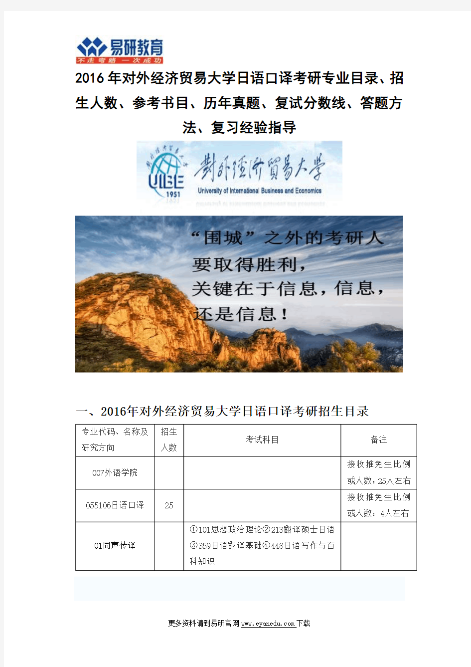 2016对外经济贸易大学日语口译(外语学院)考研专业目录招生人数参考书目历年真题复试分数线答题方法