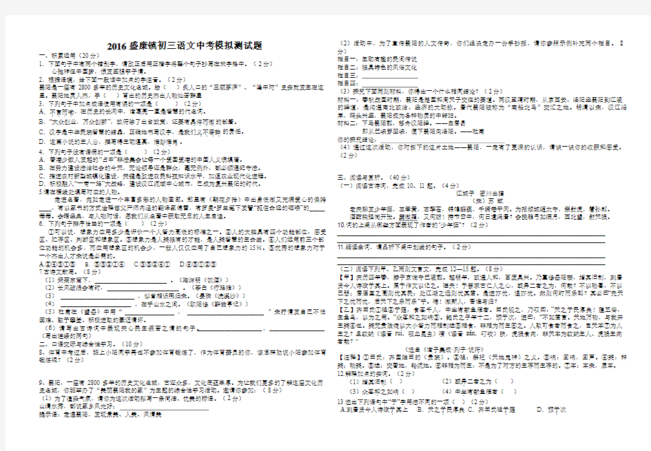 2016中考语文模拟试题及答案