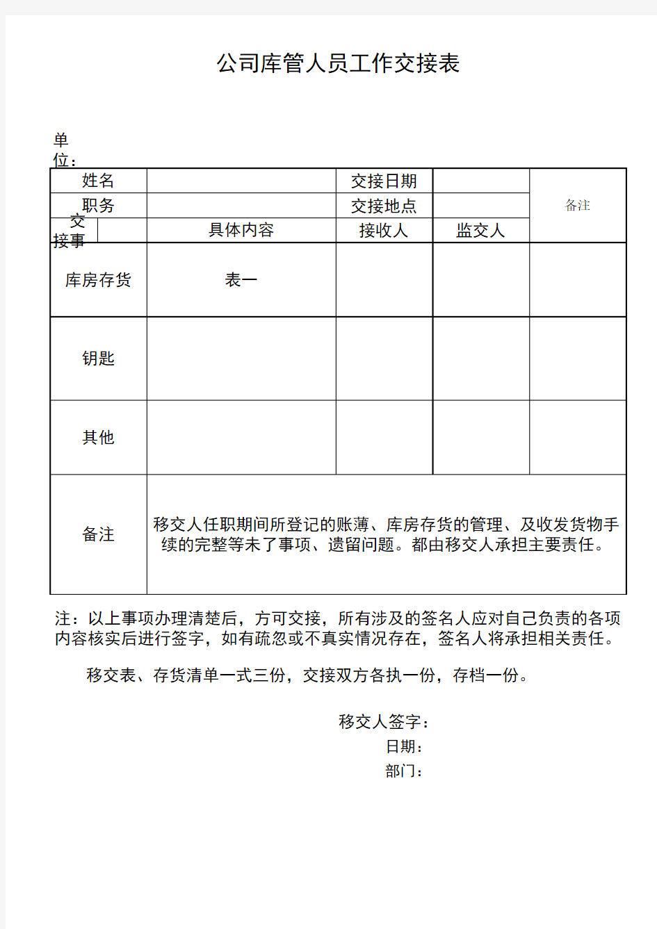 公司库管人员工作交接表、附带明细表