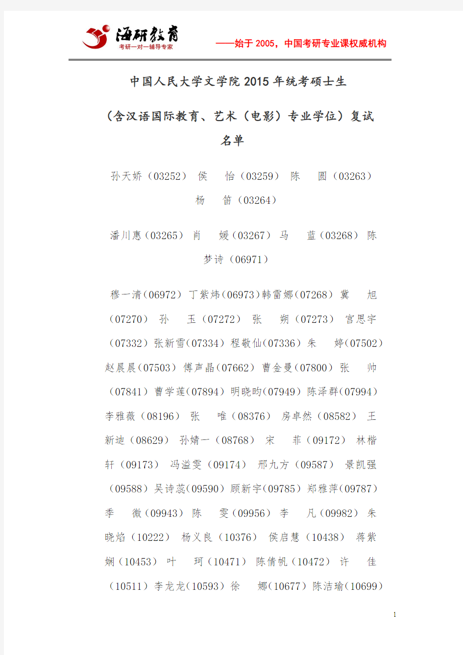 中国人民大学文学院2015年统考硕士生复试名单