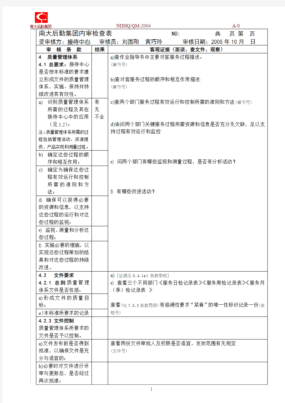 南大后勤集团内审检查表