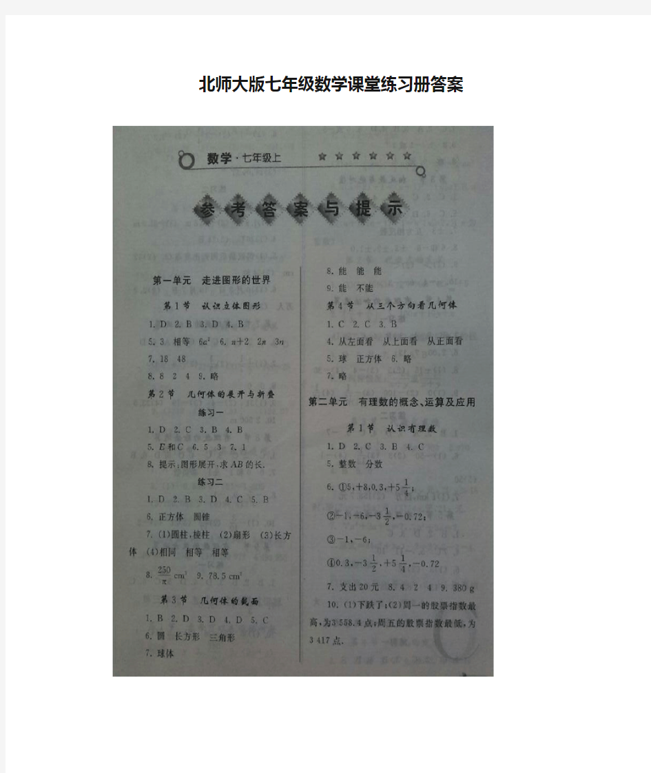 北师大版七年级数学课堂练习册答案